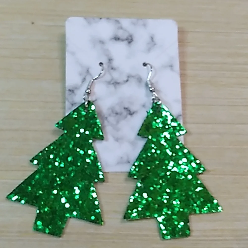 1.5 x 3 inches punched fake leather Holiday Tree Green Glitter